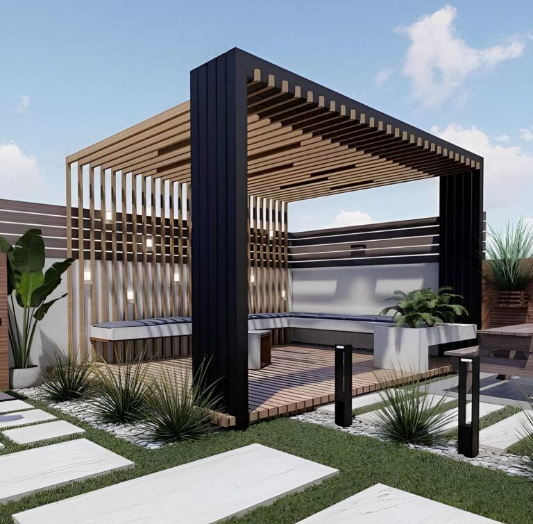 برجولات خشب وحديد | تصاميم حديثة للمساحات الخارجية
